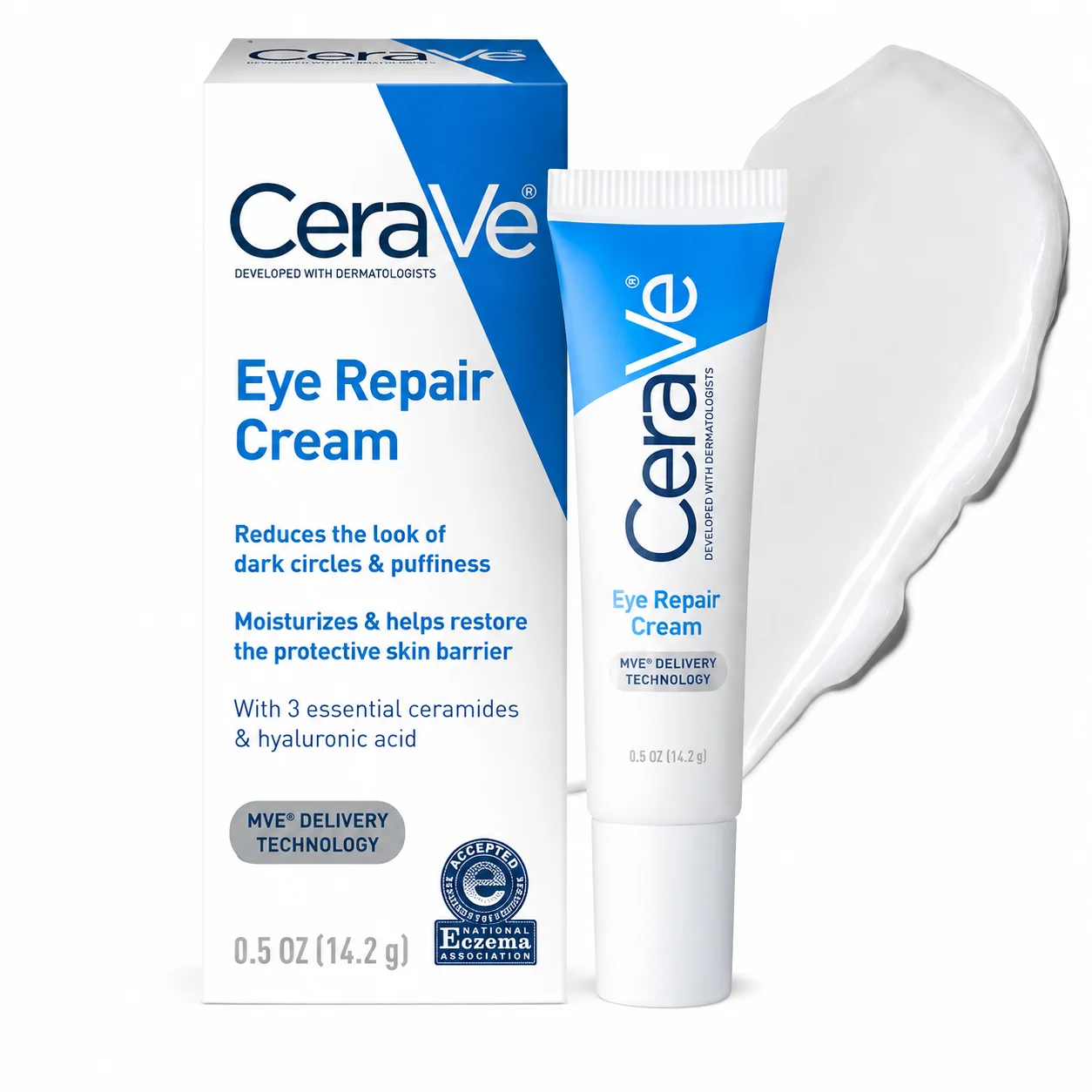 CeraVe Eye Repair Cream with tube and box packaging, featuring text highlighting benefits for reducing dark circles and puffiness, and ingredients like hyaluronic acid and ceramides.